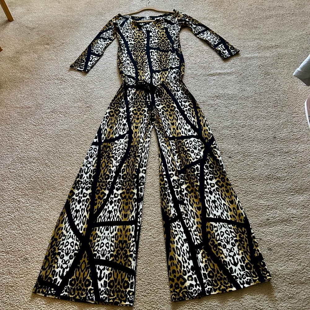 eva varro Wide Leg Jumpsuit in Black, White & Gold Leopard Print
